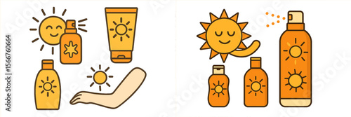 Sun protection products including sunscreen bottles and illustrations of the sun on a bright day