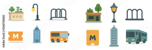 Illustrations of urban transportation elements with a focus on public transit features in a city setting