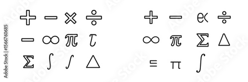 Collection of mathematical symbols showing operations, constants, and equations used in various mathematical disciplines