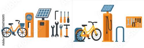 Bike repair station with tools and solar panel located in a city park during daytime