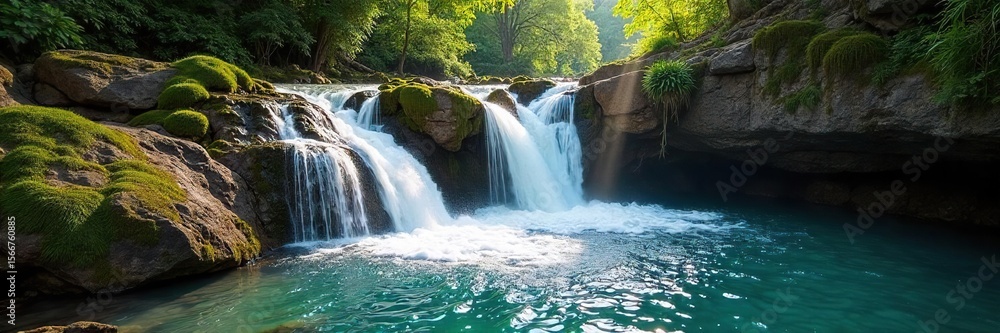 Fototapeta premium Crystal clear water cascades over mossy rocks in a breathtaking waterfall, sunlight dappling the surface Perfect for nature, travel, and environmental themes , environment, lush, ecology