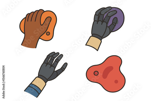 Various hand grips on climbing holds demonstrate different techniques for rock climbing training in a gym setting