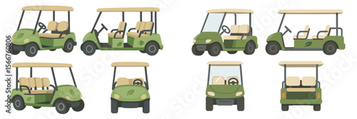 Variety of green electric golf carts displayed in different angles and orientations for recreational use
