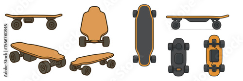 Various skateboard designs including longboards, street boards, and cruiser models from different viewpoints