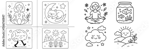 Creative drawings of mindfulness activities with animals and nature elements for relaxation and stress relief