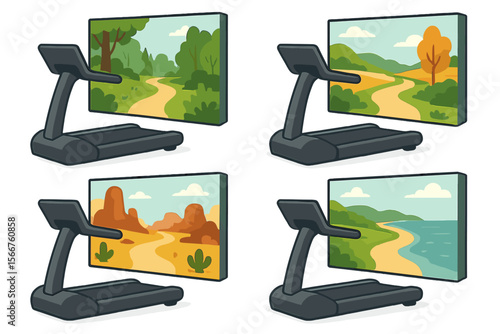 Virtual landscapes enhance running experience with nature-themed treadmill screens in a fitness studio