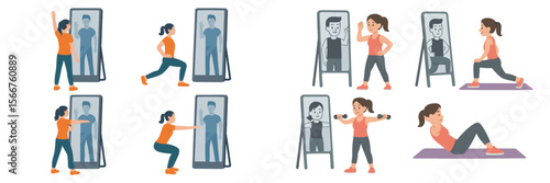 Workout routine variations showcasing group exercises and fitness movements in a home setting with mirrored reflections