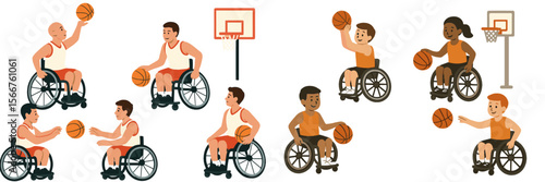 Illustration of athletes in wheelchairs engaging in basketball practice at a sports facility during daytime