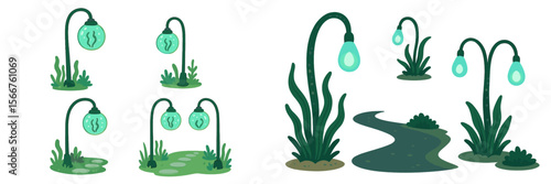 Unique street lamps in a serene park setting featuring glowing green globes surrounded by lush greenery at dusk