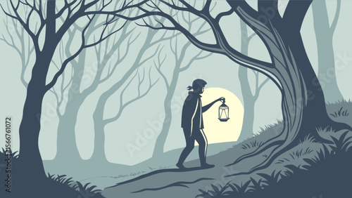 Night forest walk illustration with lantern light vector art for graphic design and backgrounds use