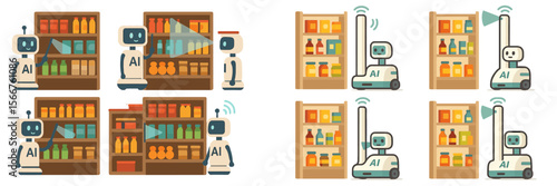 Robots assisting customers in a grocery store during a busy shopping day