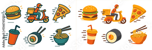 Delivery riders bring diverse food options including burgers, pizza, sushi, and noodles to customers quickly in a bustling city