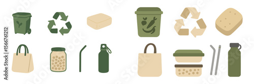Recycling and eco-friendly products are illustrated in a minimalist design showcasing sustainable practices and items for everyday use