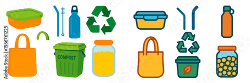 Illustrations of eco-friendly containers and recycling materials promoting sustainable practices and waste management
