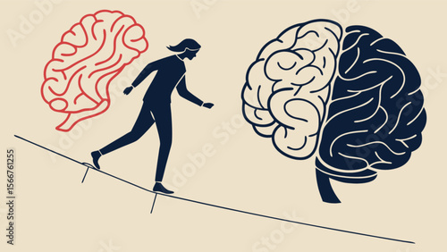 Balancing act between logic and emotion brain illustration concept for mental health and wellness design
