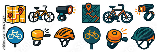 Illustrations of cycling icons including maps, bicycles, safety gear, and accessories for urban navigation and commuting