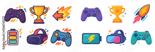 Gaming icons featuring trophies, controllers, and virtual reality elements in a colorful design