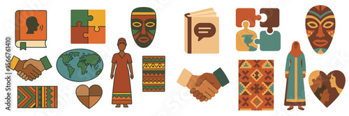 Diverse cultural symbols and activities promoting unity and understanding through communication, cooperation, and shared heritage