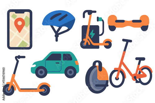 Various modes of urban transportation including scooters, bikes, and electric hoverboards shown in a fun and colorful design