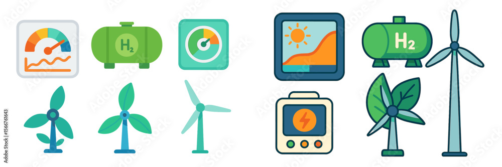 Fototapeta premium Diverse symbols representing renewable energy sources and hydrogen technology in a clean energy concept