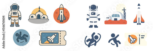 Exploration of space symbols featuring astronauts, rockets, and extraterrestrial elements