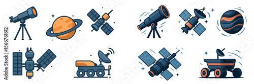 Space exploration tools and technologies illustrated in a vibrant and colorful design showcasing satellites, telescopes, and rovers