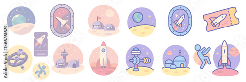 Exploring space themes with rockets, planets, and futuristic settlements in colorful illustrations