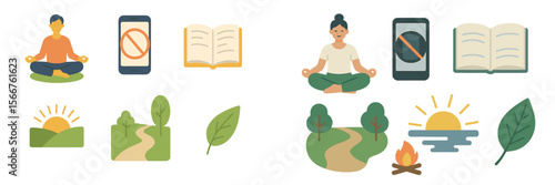 Mindfulness and digital detox concepts represented through illustrations of meditation, nature, and technology displacement