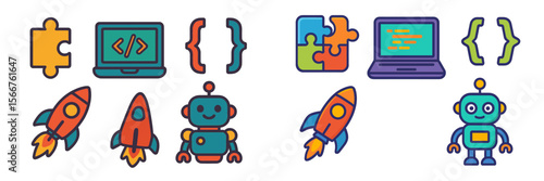 Colorful robotic icons and coding elements showcase technology and creativity in a digital design theme