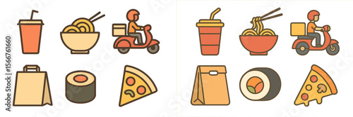 Food delivery service featuring a variety of meals and drinks with delivery scooters and takeout bags