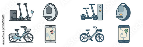 Innovative urban transportation options featuring electric scooters, bikes, and personal mobility devices in a modern city setting