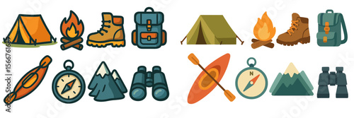 Various camping and outdoor adventure icons showcasing essential gear and activities for an exciting trip in nature