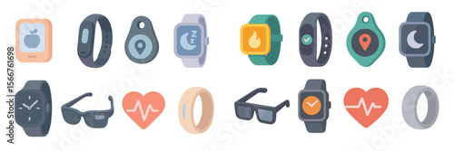 Variety of fitness tracking devices and smartwatches displayed in a row on a white background