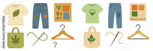Sustainable fashion elements with eco-friendly clothing and accessories displayed on a simple background