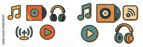 Music icons depicting listening, streaming, and vinyl records in a colorful and artistic design