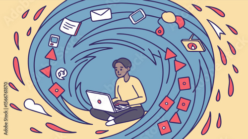 Woman working on laptop in digital information overload concept for productivity and focus management