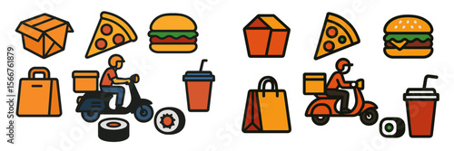 Delivery riders transporting food and packages in a colorful illustration showcasing various meals and takeout items
