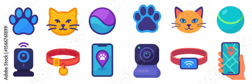 Digital icons showcasing various pet products and accessories for cat and dog owners in a colorful design