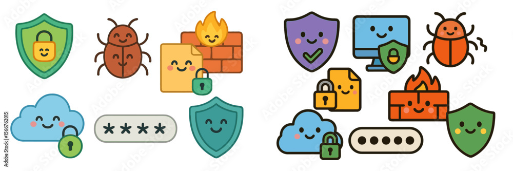 Security symbols and icons illustrate data protection and cybersecurity concepts in a colorful and engaging manner Security symbols and icons illustrate data protection and cybersecurity concepts in a colorful and engaging manner