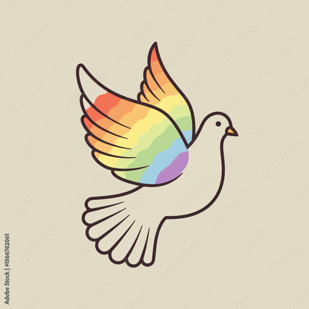 Obraz premium Rainbow dove in flight as a symbol of peace and pride. Rainbow dove with wings colored in rainbow shades celebrates diversity and freedom. Use this rainbow dove image to express hope and acceptance.