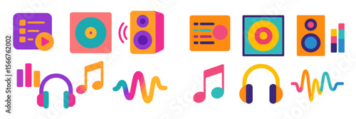 Colorful music icons display featuring headphones, records, audio waves, and speakers in a vibrant layout