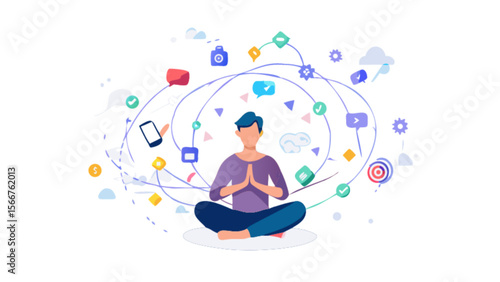 Mindfulness meditation for focus and concentration with digital icons around person in lotus position