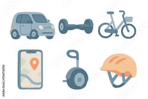 Various modes of transportation and exercise equipment arranged in a modern graphic style suitable for a lifestyle or fitness context
