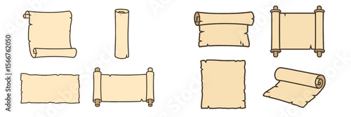Different styles of parchment and scrolls are displayed in various orientations for artistic or educational purposes