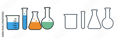 Colorful chemical laboratory glassware in use during science experiments showcasing vibrant liquids and various flask shapes