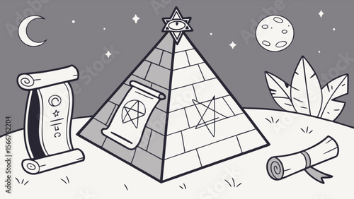 Vintage esoteric pyramid with eye of providence and scrolls illustration vector design concept art