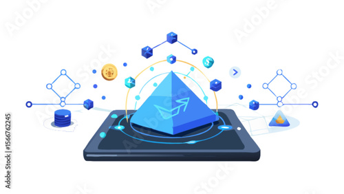 Blockchain technology pyramid concept for cryptocurrency and decentralized finance platform design vector