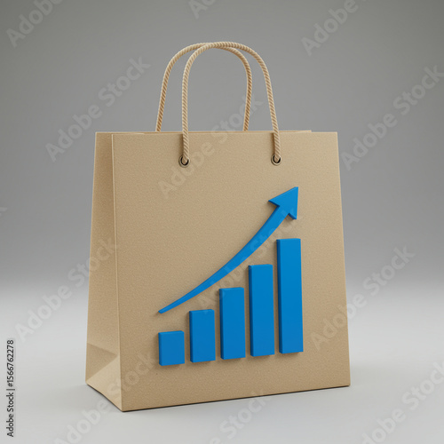 Blue bar chart showing growth and success on brown retail shopping bag. Optimistic concept for business finance, sales increase, and positive economic data
