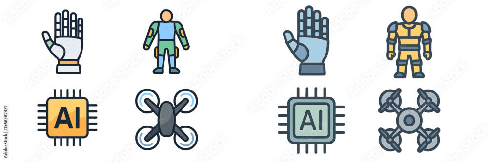 Collection of futuristic technology icons featuring robots, drones, and artificial intelligence elements in a digital design Collection of futuristic technology icons featuring robots, drones, and artificial intelligence elements in a digital design