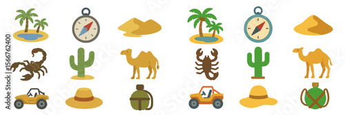Desert adventure icons showcasing elements like camels, cacti, and compasses for exploration and fun